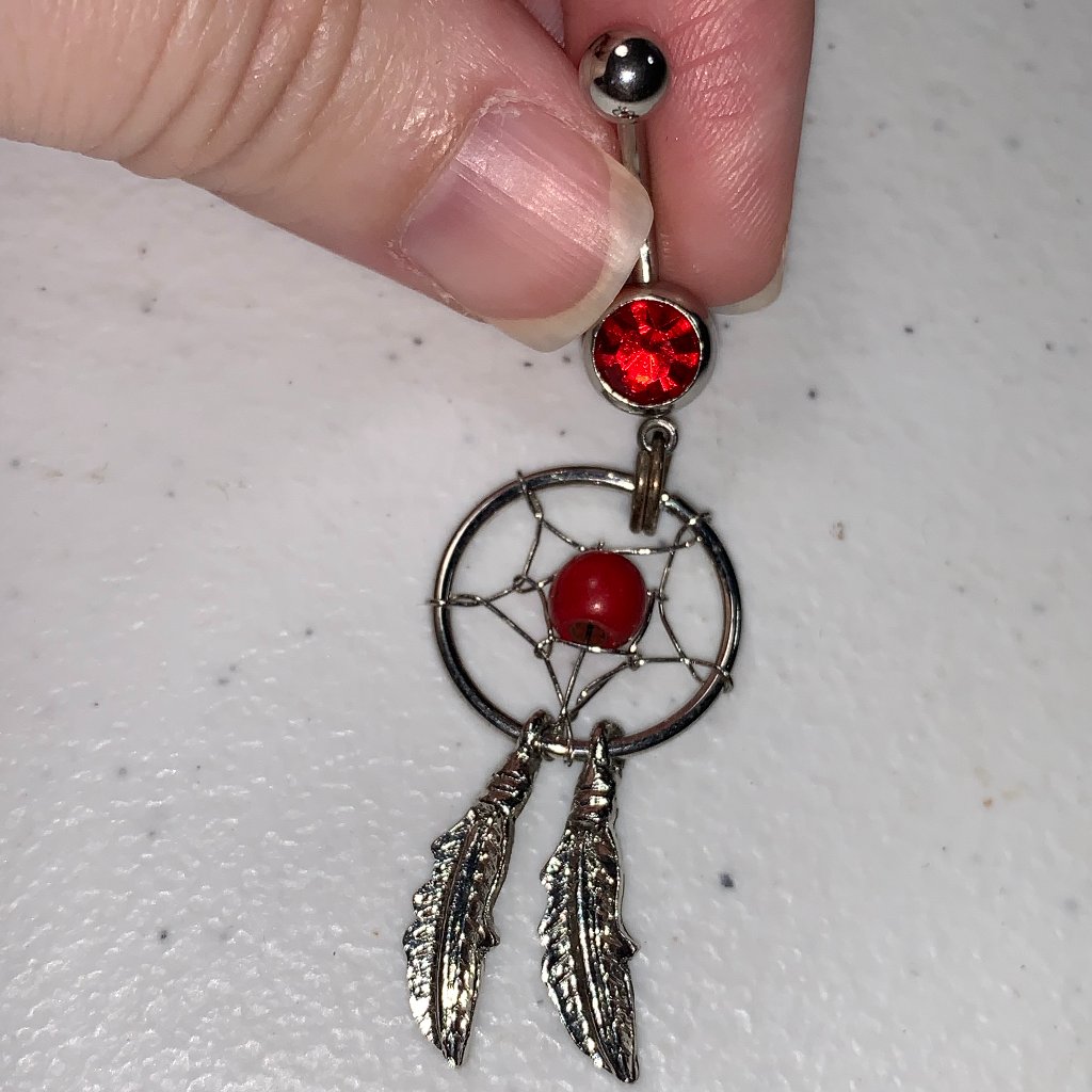 14 Gauge Dream Catcher Belly Ring, Dark Red Gem With Red Bead And A Gold Split R